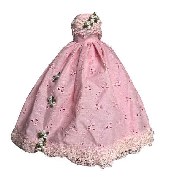 Vintage Handmade Barbie Size Southern Belle Dress Pink Eyelet Lace Floral OOAK - Picture 1 of 13